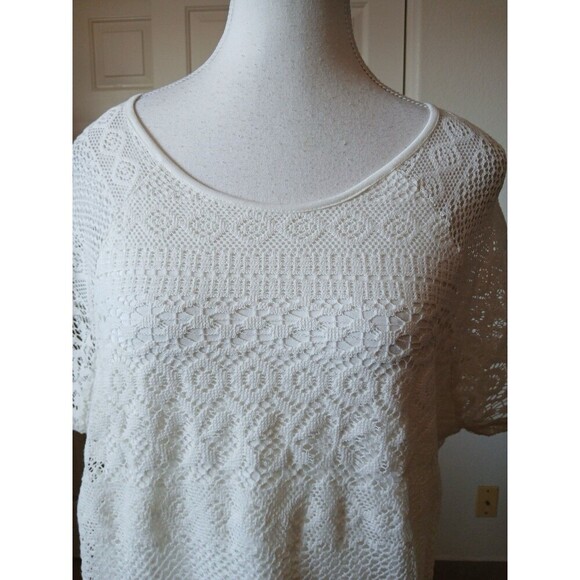 Chaps Womens Blouse Beige Ivory Lace Lined Short Sleeve Scoop Neck Size 1X Beach - Picture 6 of 14